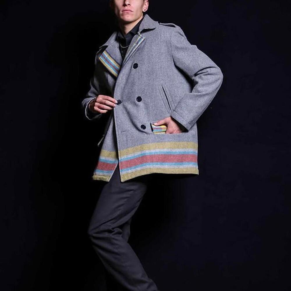 Teton Pea Coat Grey Wool Native American Blanket Weave USA Made Artisan Jacket S